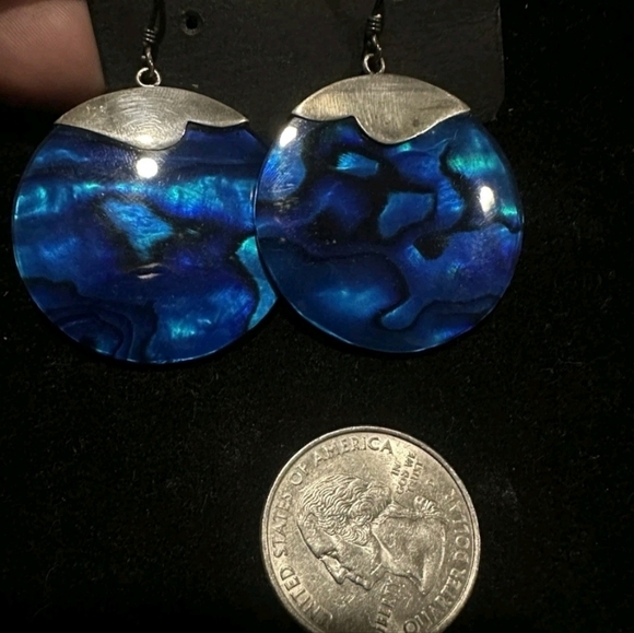 Artisan 925 Sterling Silver Abalone Blue Round Disk Shell Round Dangle Earrings - Picture 4 of 4